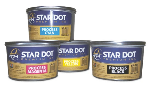 Four tubs of Star Dot Premium screen printing ink in process cyan, magenta, yellow and black, one kilogram each