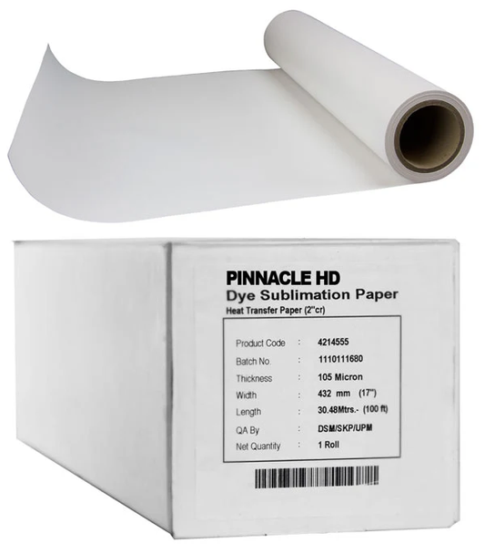 Roll of Pinnacle HD dye sublimation heat transfer paper above its box, labeled 105 micron, 17 inch width, 100 foot roll