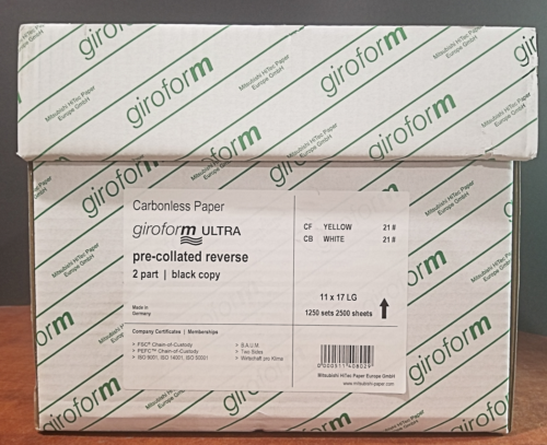 11 X 17 Giroform Carbonless Paper, 2 part Reverse, 1250 Sets