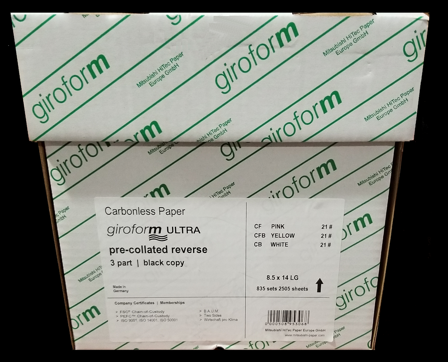 8.5 x 14 Giroform Carbonless Paper, 3 part Reverse, 835 Sets